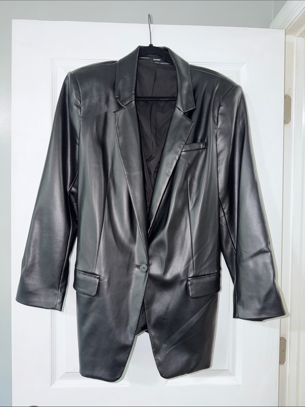 Express Black Faux Leather One Button Cinched Boyfriend Blazer